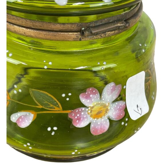 Vintage Signed Moser Green Mushroom Vanity Jar Hinged Lid Floral Good Condition - Picture 4 of 8